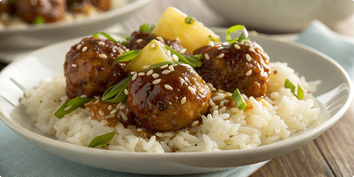 Teriyaki chicken meatballs on rice