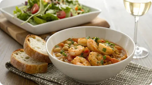 Shrimp and bean stew served with bread