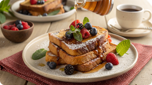Sourdough French toast served with toppings