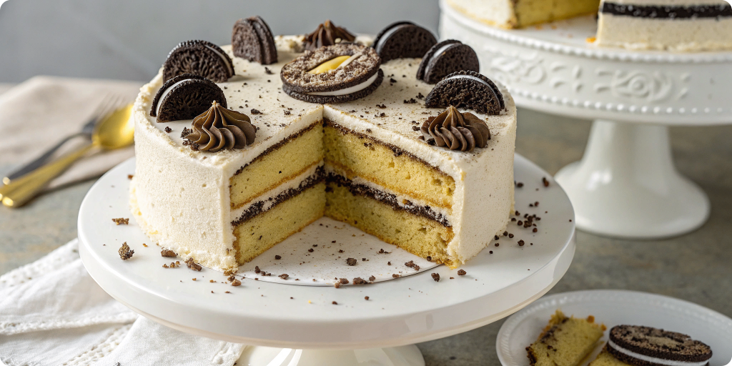 Golden Oreo cake slice with frosting
