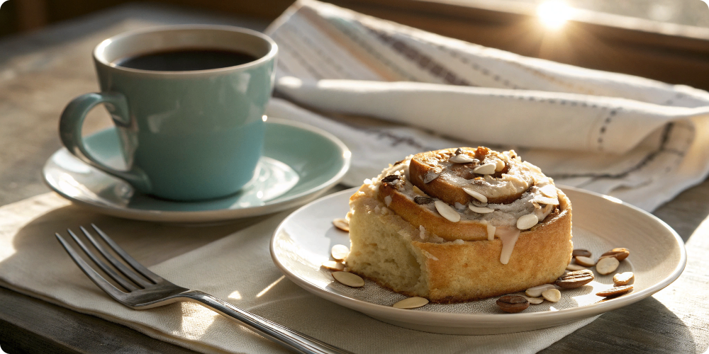 Single almond roll served for breakfast
