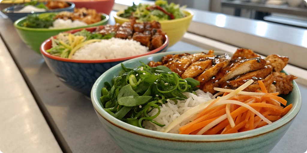 Teriyaki chicken bowl assembly station