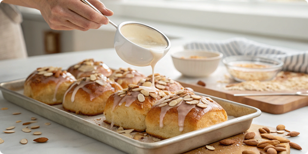 Chef Rachael glazing almond cinnamon rolls