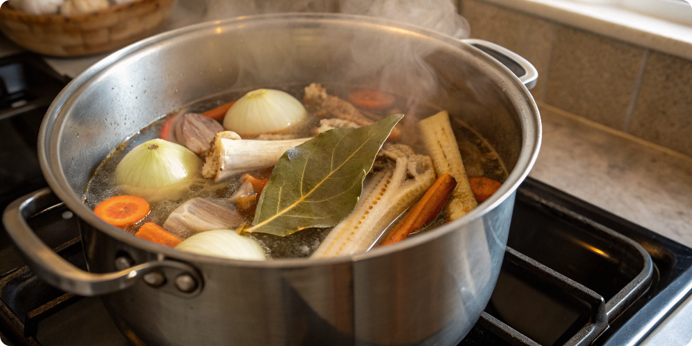 Simmering soup bones in pot