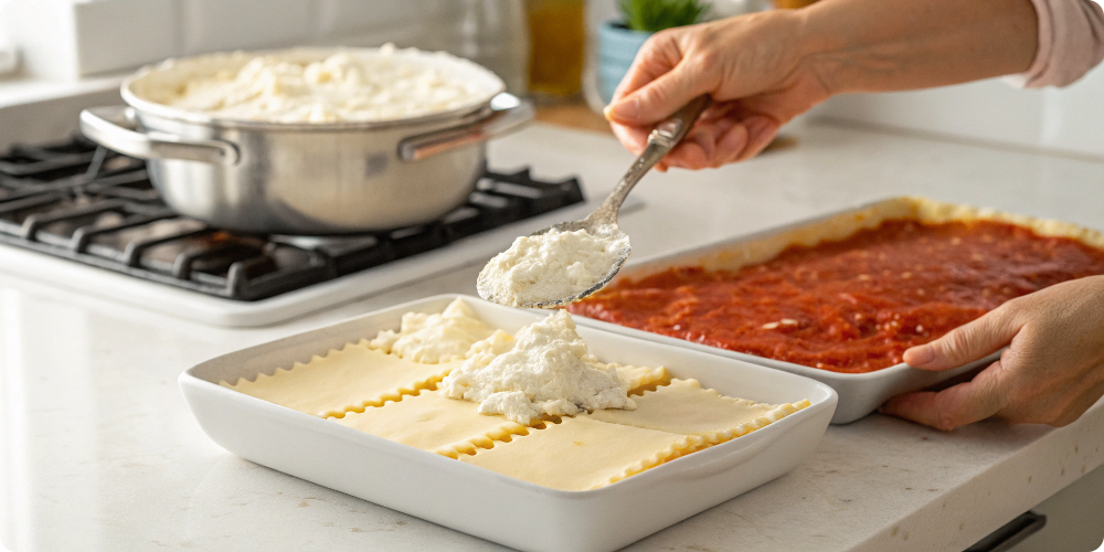 Chef Rachael layering cheese into lasagna 
