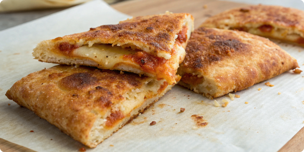 Air-fried pizza cruncher with cheese stretch