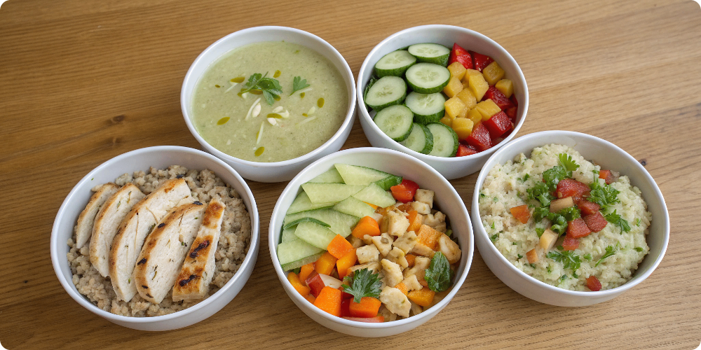 Low histamine recipe samples in small bowls