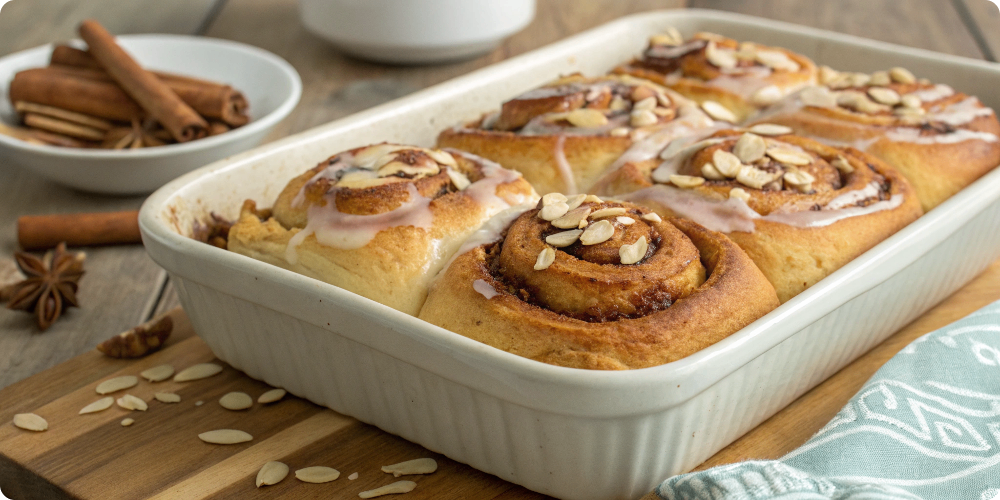 Almond cinnamon rolls with sliced almonds and glaze