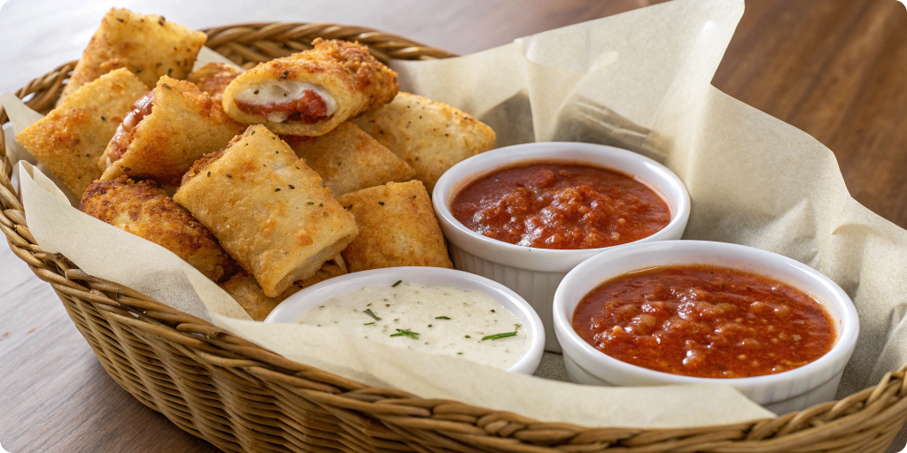 Crispy Pizza Crunchers with dipping sauces