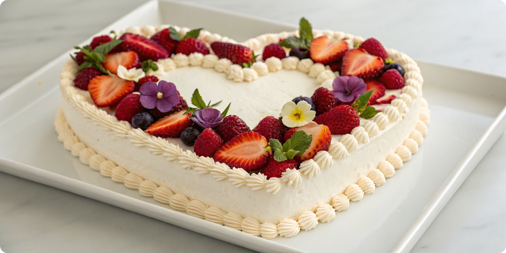 Heart-shaped pink cake with frosting