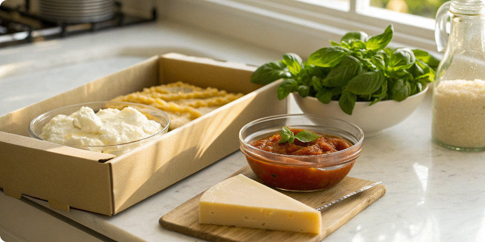 Ronzoni lasagna noodles and ingredients on counter