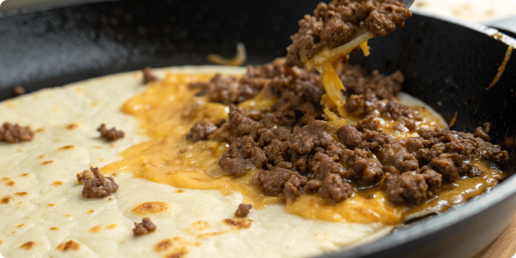 Smash taco beef cooking in skillet