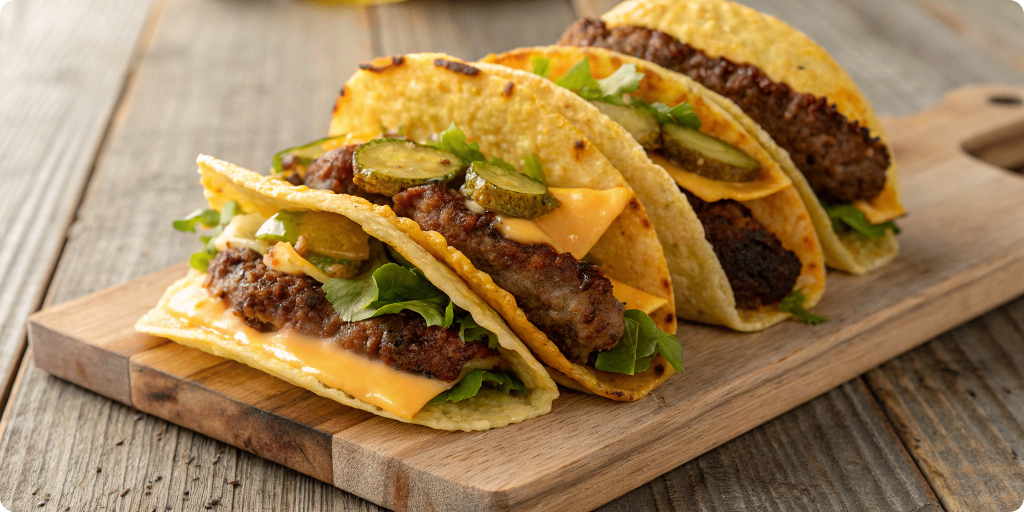 Crispy smash burger tacos on wooden board