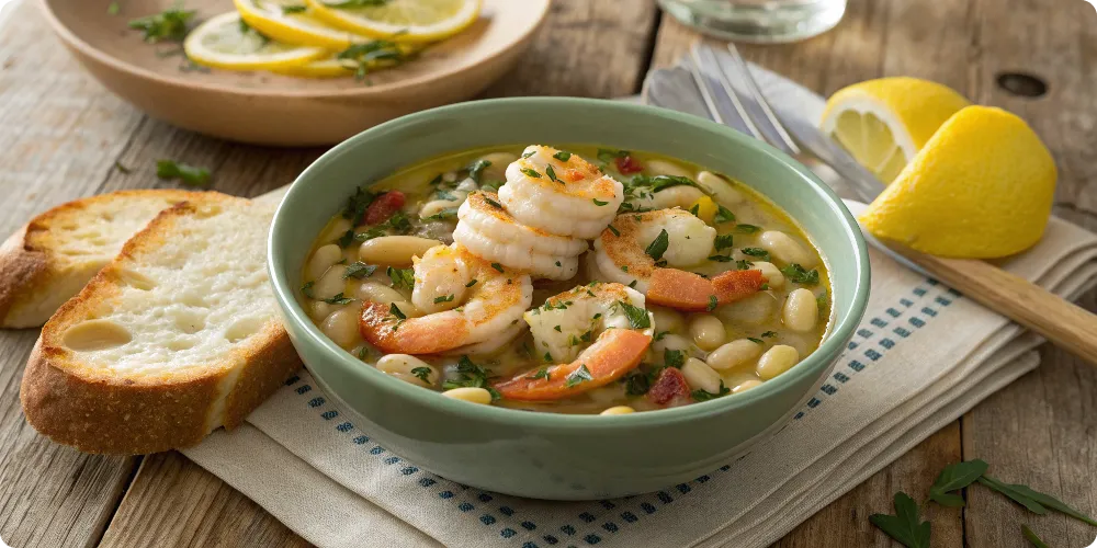 Lemony shrimp and bean stew in bowl